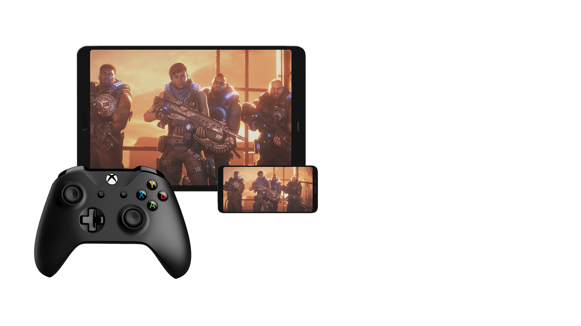 A tablet and smartphone displaying Gears 5 with an Xbox controller in the foreground