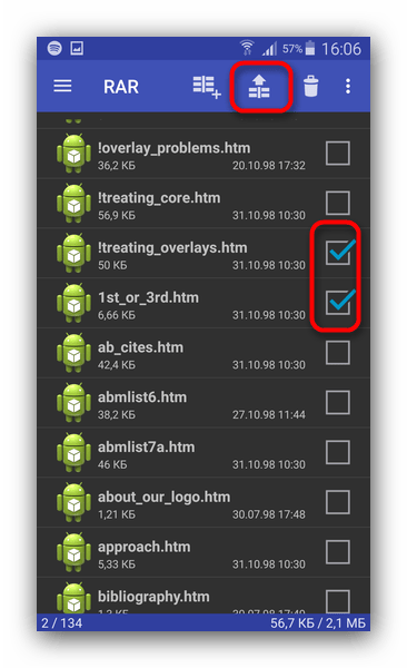 Распаковка отдельных файлов в RAR for Android