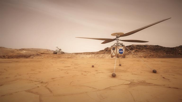 Artist concept shows the Mars Helicopter which will travel with NASA
