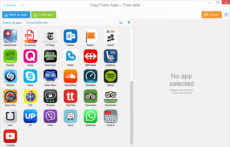 copytrans apps window on pc with iphone app list